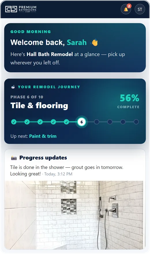 The same portal on a phone — remodel phase tracker and same-day progress photos