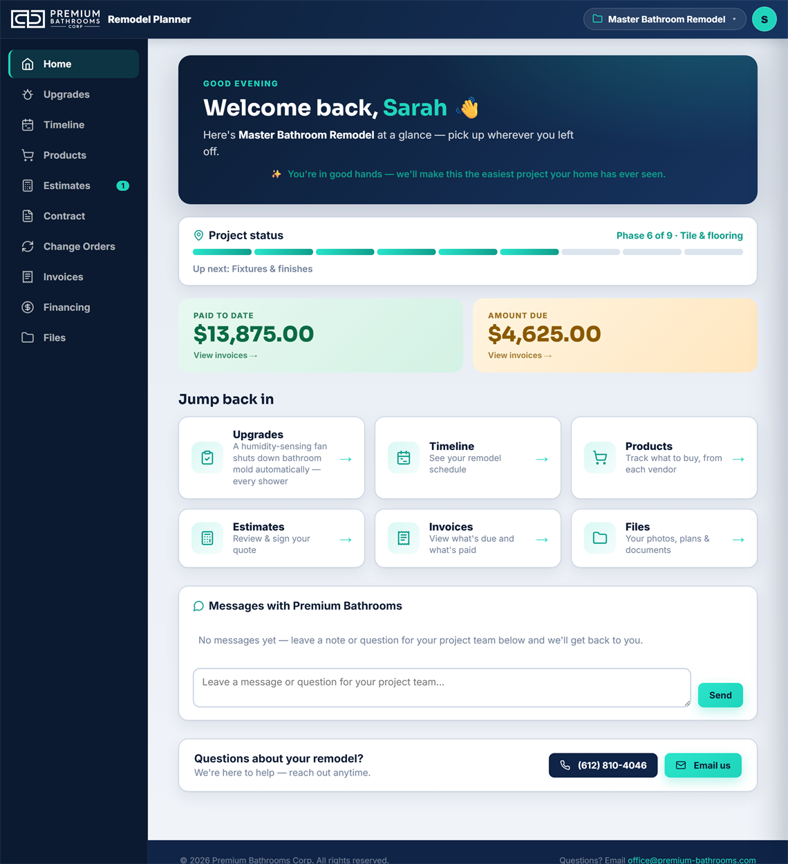 The Premium Bathrooms Project Portal — a client's live project dashboard with phase tracker, payments, timeline and messaging