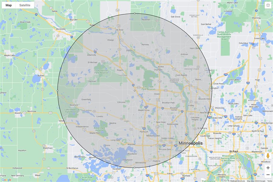 Premium Bathrooms service area — 20-mile radius around Maple Grove, MN