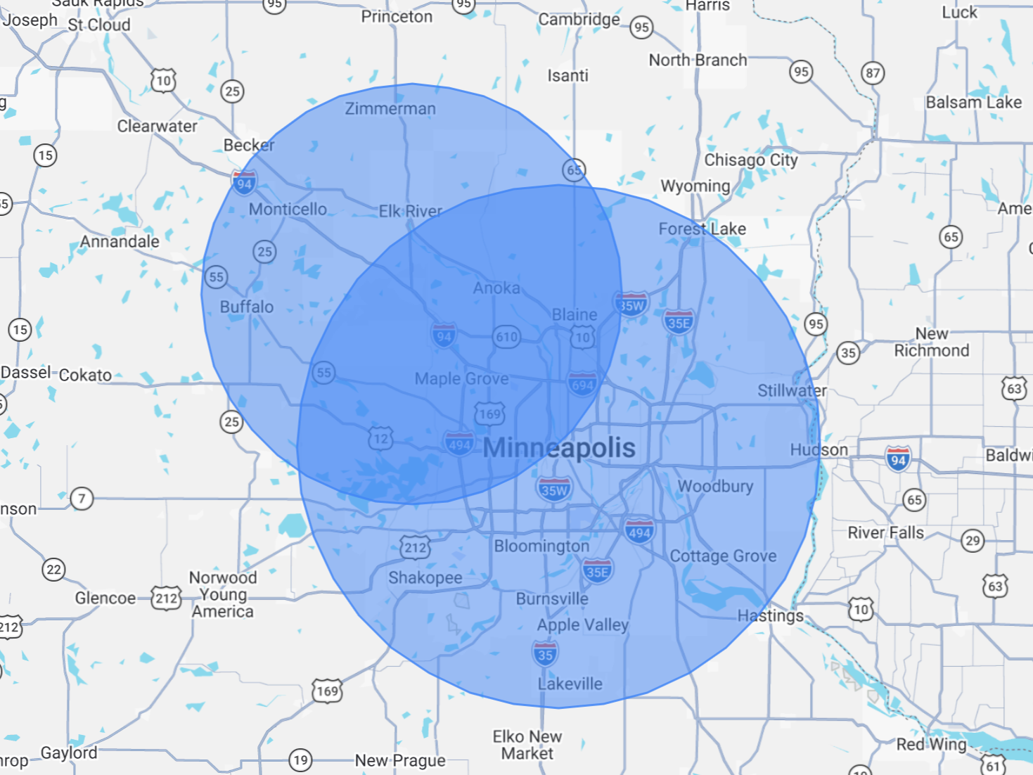 Premium Bathrooms LLC service area map — Minneapolis, Maple Grove, and Twin Cities metro